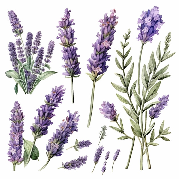 Fiori e foglie di lavanda dipinti ad acquerello su uno sfondo bianco ai generativo