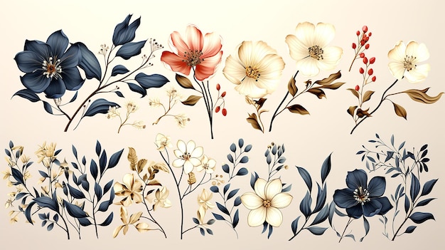 Fiori e foglie di lusso Elementi botanici alla moda Eleganti fiori di campo per matrimonio per banner di invito stampa su tessuto per pittura murale generato dall'intelligenza artificiale