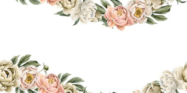 Fiori e foglie di peonia bianca beige illustrata ad acquerello senza cuciture orizzontali isolate