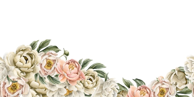 Fiori e foglie di peonia bianca beige illustrata ad acquerello senza cuciture orizzontali isolate