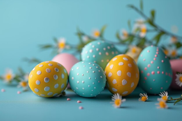 Fiori e foglie di uova di Pasqua su uno sfondo blu