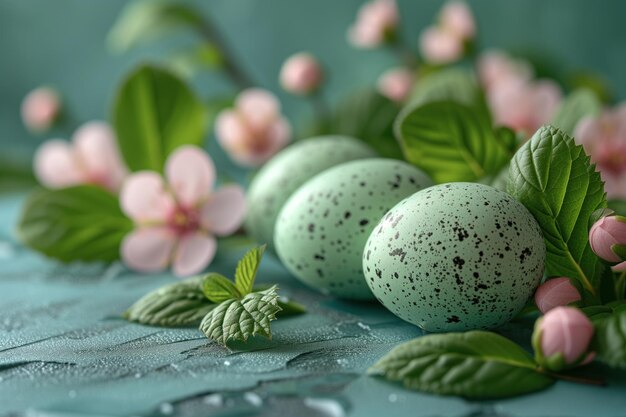 Fiori e foglie di uova di Pasqua su uno sfondo blu