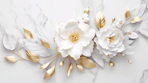 Fiori e foglie in oro bianco su struttura in marmo bianco IA generativa