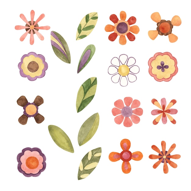 Fiori e foglie retrò in stile anni '70 Hippie boho clipart estivi Acquarello illustrazione groovy per adesivi flower power volant in stile cartone animato