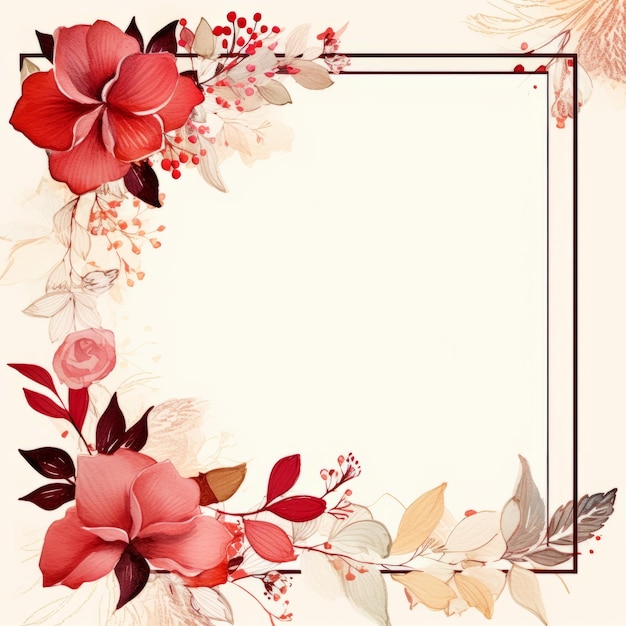 fiori e foglie rossi in una cornice quadrata su sfondo beige