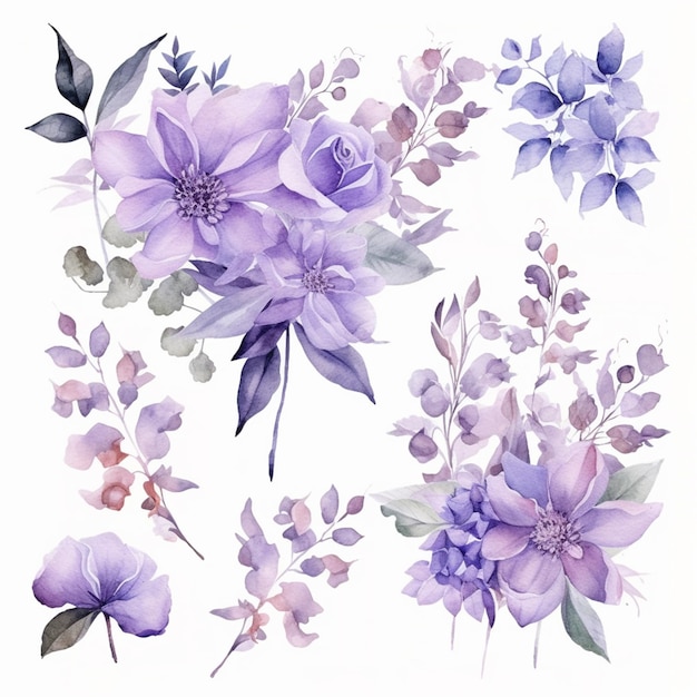 Fiori e foglie viola sono disposti in un motivo su uno sfondo bianco ai generativo