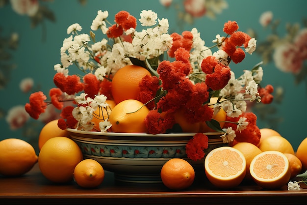 fiori e frutta sulla tavola