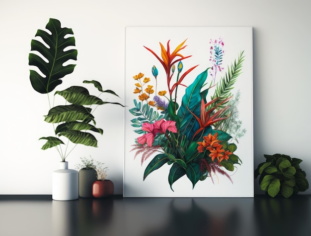 Fiori e piante tropicali su parete bianca IA generativa