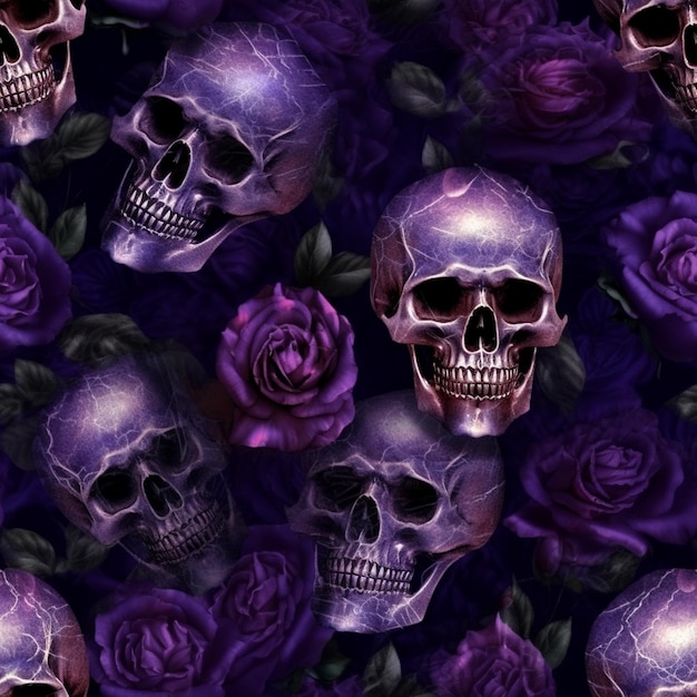 fiori e teschi viola sono circondati da rose viola.