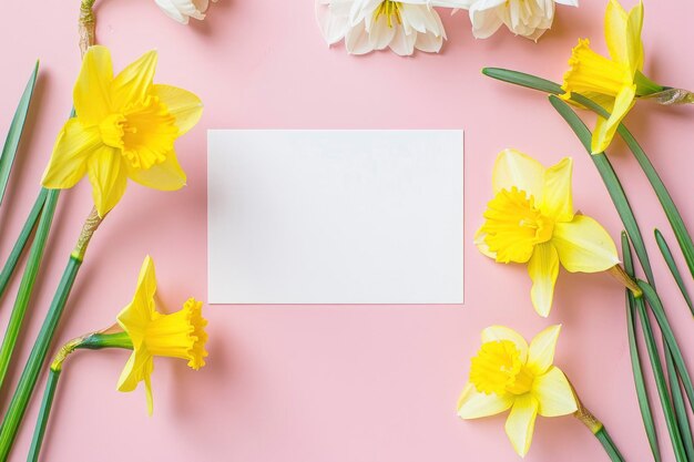 fiori e una carta bianca disposta a piatto contro uno sfondo rosa pallido