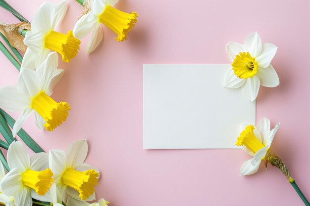 fiori e una carta bianca disposta a piatto contro uno sfondo rosa pallido