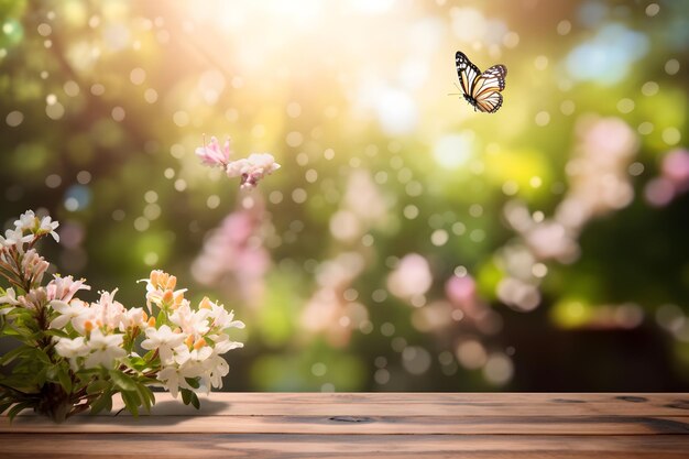 Fiori e una farfalla su un tavolo di legno