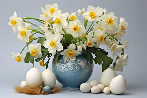 Fiori e uova colorate con sfondo bianco a tema pasquale
