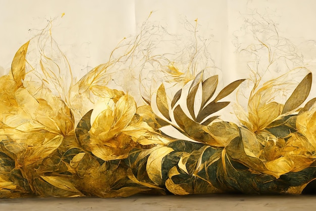 Fiori eleganti con foglia d'oro e ramoscelli su sfondo chiaro Motivo senza cuciture con motivo a colori pennello disegnato a mano Elemento decorativo vintage per carte illustrazione 3d