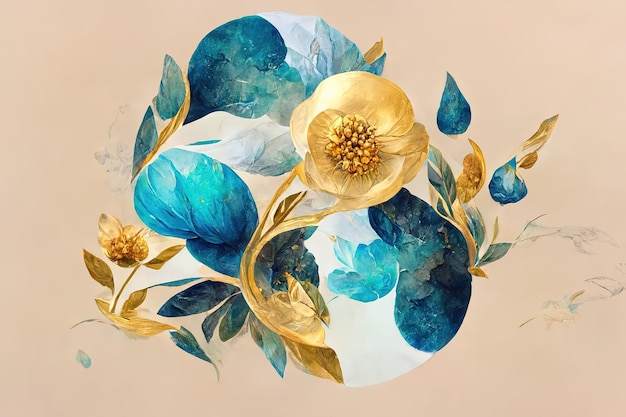 Fiori eleganti con foglia d'oro e ramoscelli su sfondo chiaro Motivo senza cuciture con motivo a colori pennello disegnato a mano Elemento decorativo vintage per carte illustrazione 3d