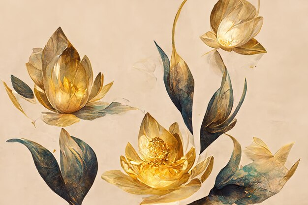 Fiori eleganti con foglia d'oro e ramoscelli su sfondo chiaro Motivo senza cuciture con motivo a colori pennello disegnato a mano Elemento decorativo vintage per carte illustrazione 3d