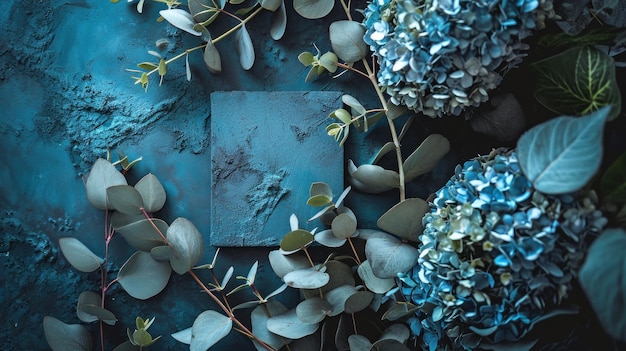 Fiori eterici Un sereno arazzo blu adornato con squisiti bouquet di fiori e nature