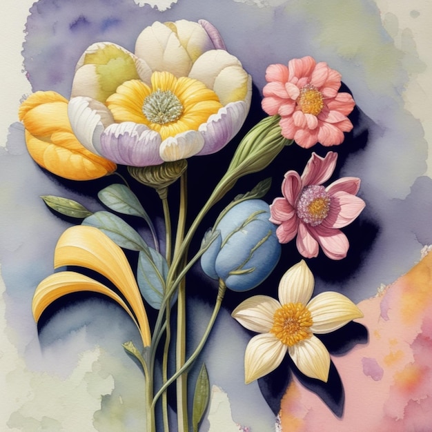 fiori floreali colorati in stile acquerello disegnati su uno sfondo testurato in colori pastello opaco