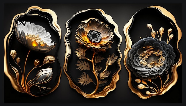 fiori frattali sfondo di marmo liquido dorato e nero