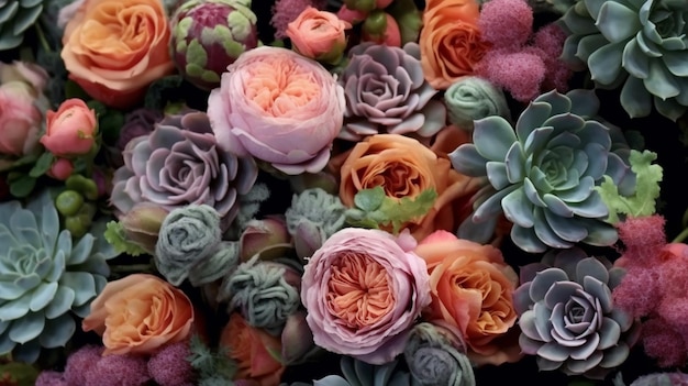 Fiori freschi colorati di peonia e rose con piante grasse Sfondo floreale IA generativa