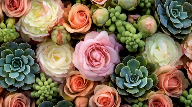 Fiori freschi colorati di peonia e rose con piante grasse Sfondo floreale IA generativa