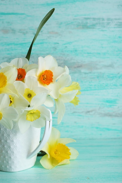 Fiori freschi del narciso su fondo di legno di colore