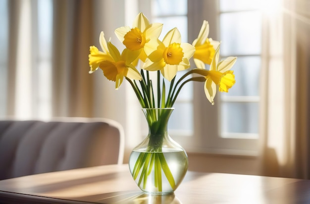 Fiori freschi di primavera Narcisso bouquet in vaso di vetro su tavola moderno interno leggero giorno delle madri val