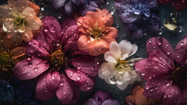 Fiori freschi sfondo senza giunture visibile con goccia di pioggia d'acqua Vista dall'alto piatta generata dall'IA