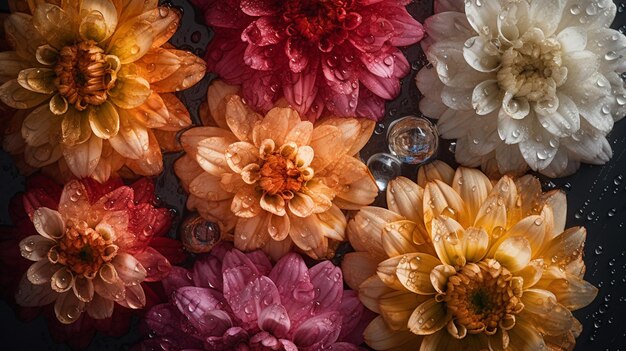 Fiori freschi sfondo senza giunture visibile con goccia di pioggia d'acqua Vista dall'alto piatta generata dall'IA