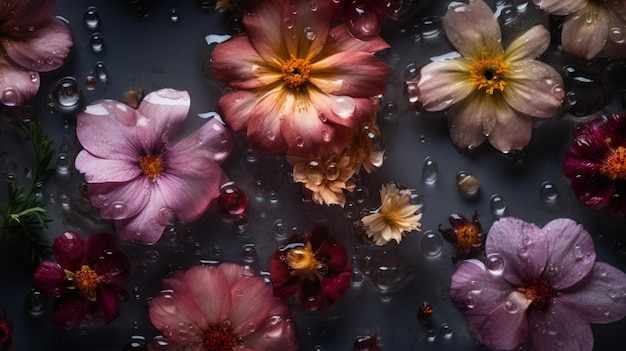 Fiori freschi sfondo senza giunture visibile con goccia di pioggia d'acqua Vista dall'alto piatta generata dall'IA