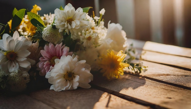 Fiori freschi su un tavolo di legno un bel bouquet primavera o estate