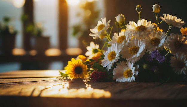 Fiori freschi su un tavolo di legno un bel bouquet primavera o estate