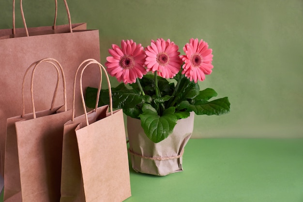 Fiori gerbera margherita corallo e borse shopping papper artigianali