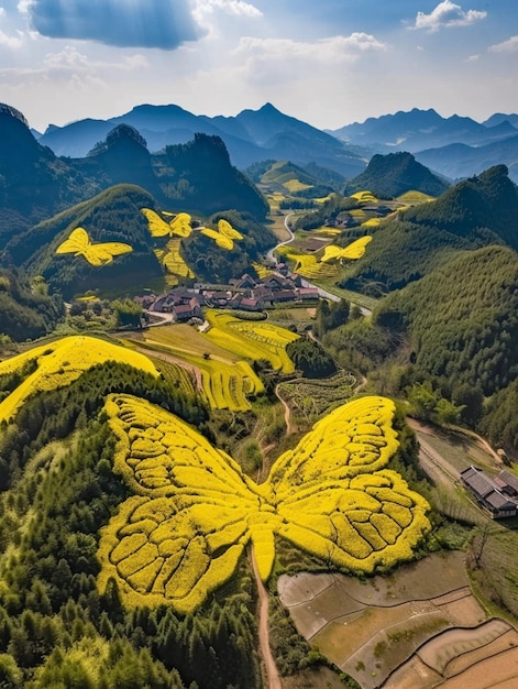 fiori gialli a forma di farfalla in un campo con le montagne sullo sfondo generativo ai