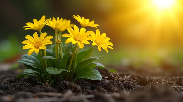 Fiori gialli brillanti in un giardino illuminato dal sole all'alba