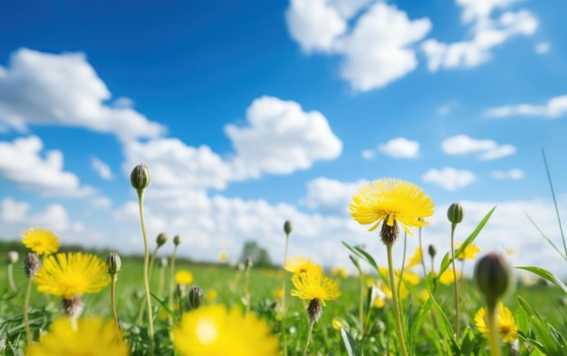 Fiori gialli che coprono un campo illuminato dal sole sotto un cielo blu