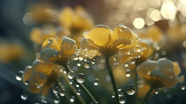 Fiori gialli con gocce d'acqua su di essi alla luce del sole