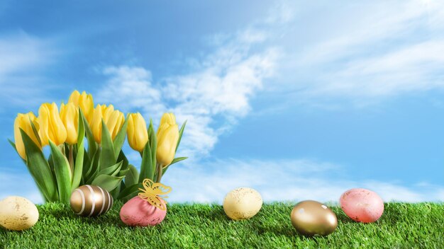 Fiori gialli del tulipano della molla e uova di pasqua multicolori sul prato verde sopra il fondo del cielo