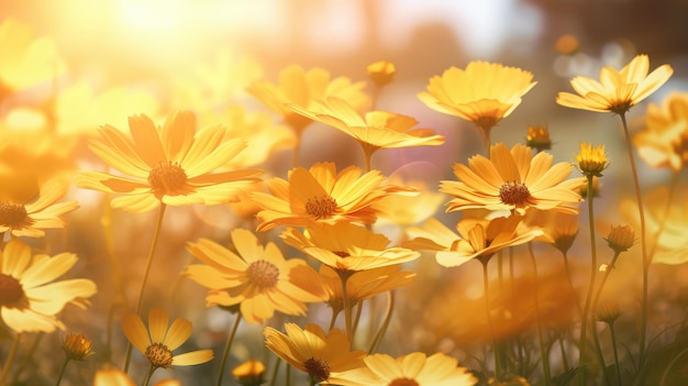 Fiori gialli dell'universo nel giardino con luce solare e bokeh