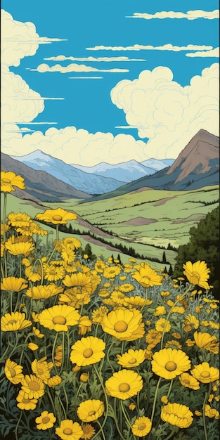 Fiori gialli e montagne Un'illustrazione dettagliata del deserto