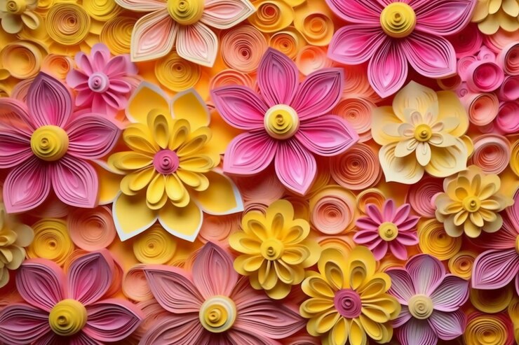 Fiori gialli e rosa 3D forme a strati modello di trapuntatura di carta colori vivaci AI generativo