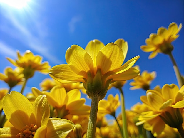 fiori gialli primaverili e il cielo blu nessuna nuvola vista macro