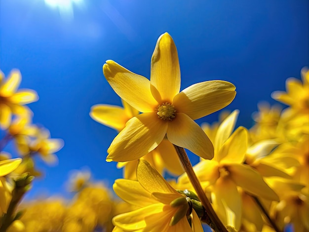 fiori gialli primaverili e il cielo blu nessuna nuvola vista macro