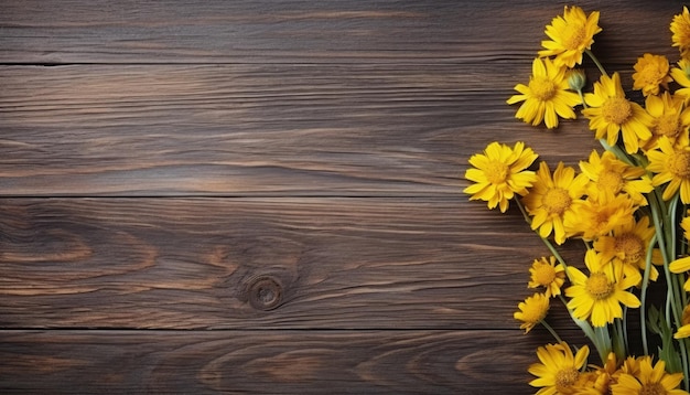 Fiori gialli su sfondo di legno marrone Vista dall'alto con spazio per la copia