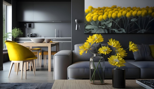 Fiori gialli sul bancone all'interno di soggiorno e sala da pranzo open space con mobili da salotto grigi generativa ai