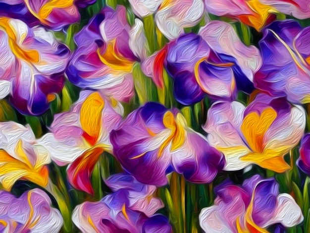 Fiori imponenti di olio Bellissimi delicati fiori femminili primaverili o estivi in primo piano generati da AI Bouquet di fiori Fiori in un letto di fiori Cartolina di congratulazioni a una donna Fiore di iris