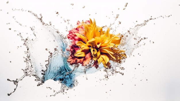 Fiori in spruzzi di acqua colorata su uno sfondo bianco bouquet di colori colorati di