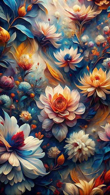 fiori in tonalità di arancione rosso e blu sono densamente impacchettati insieme creando una scena floreale lussureggiante