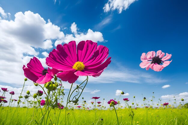 Fiori in un campo con un cielo blu sullo sfondo