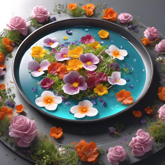 fiori in un piatto rotondo nell'acqua rendering 3d ai
